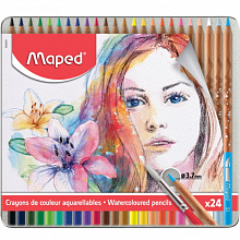 Карандаши акварельные 24 цв с кистью металлический пенал MAPED Artist 832424