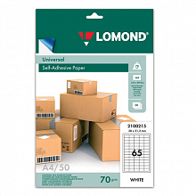 Наклейки бумажные А4 белые 65шт/лист 38х21,2мм 50л Lomond 2100215