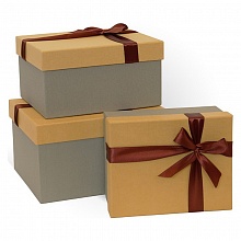 Коробка подарочная прямоугольная 23x19x13см бежевая-серая с бантом Д10103П.128.1